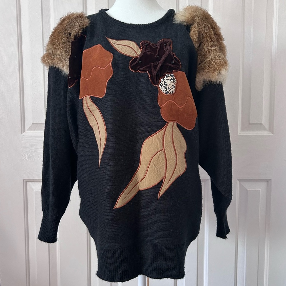 Vintage Paparichi Black Knit Rabbit Fur Velvet Suede Applique Sweater Size M